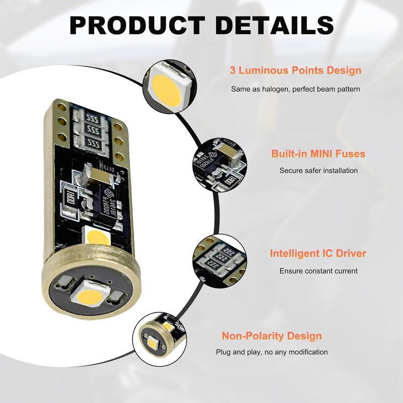 SHMZK 2PCS لمبة LED 194 6000K، خالية من أخطاء CANBUS T10 168 2825 W5W بديل لمبة LED، لمبة LED فائقة السطوع لداخل السيارة، ضوء سقف، ضوء لوحة الترخيص (أبيض) - Image 3